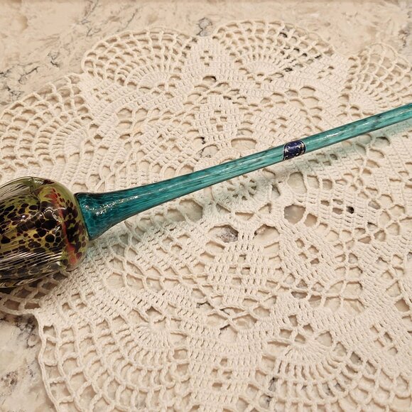 Vintage Czech Art Glass Flower Tulip Hand Blown Glass Turquoise Gold Long Stem - Picture 8 of 11